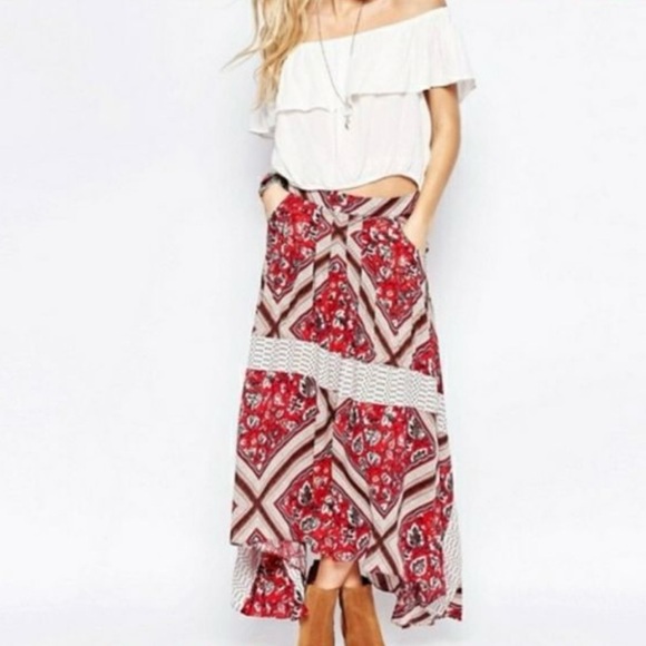 FREE PEOPLE Paradise Midi Handkerchief Skirt Pimento Combo Boho Bohemian Size 10 - Picture 3 of 12